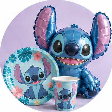 Stitch themed balloon, plate and cup