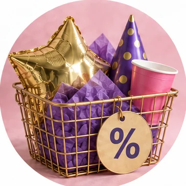Basket of party supplies with an offers tag