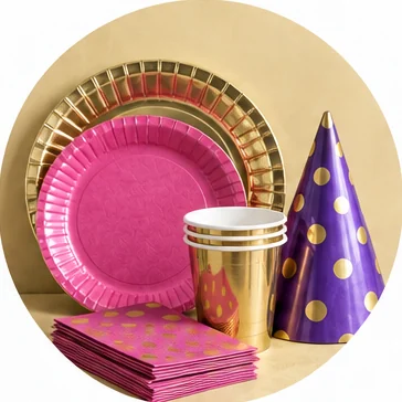 Pink and gold party plates, cups and napkins