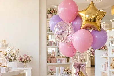 Realistic pink and lilac balloon bouquet with a gold star