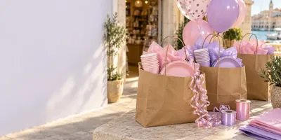 Party supplies and balloons packed ready for delivery