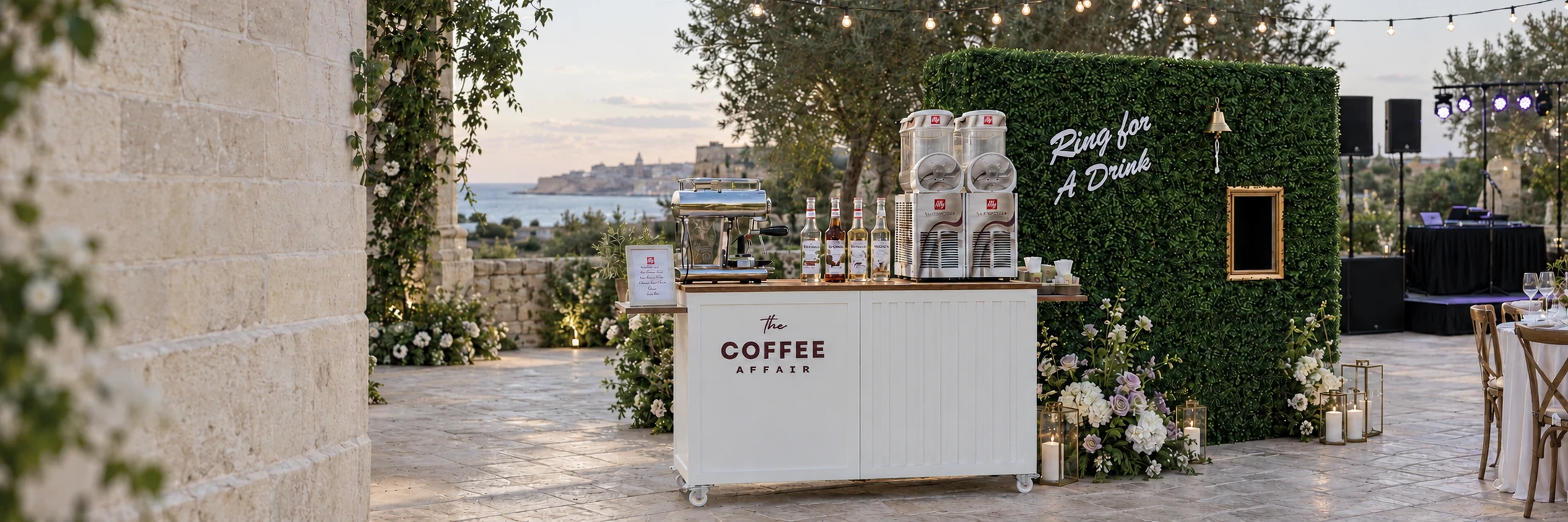 Wedding scene concept with Coffee Cart, Ring for a Drink backdrop, stage and sound setup