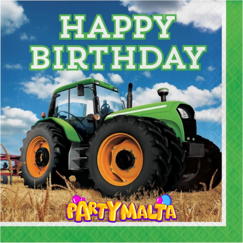 16 x Tractor Time Happy Birthday Napkins 33cm Boys Party Tableware Supplies Farm 